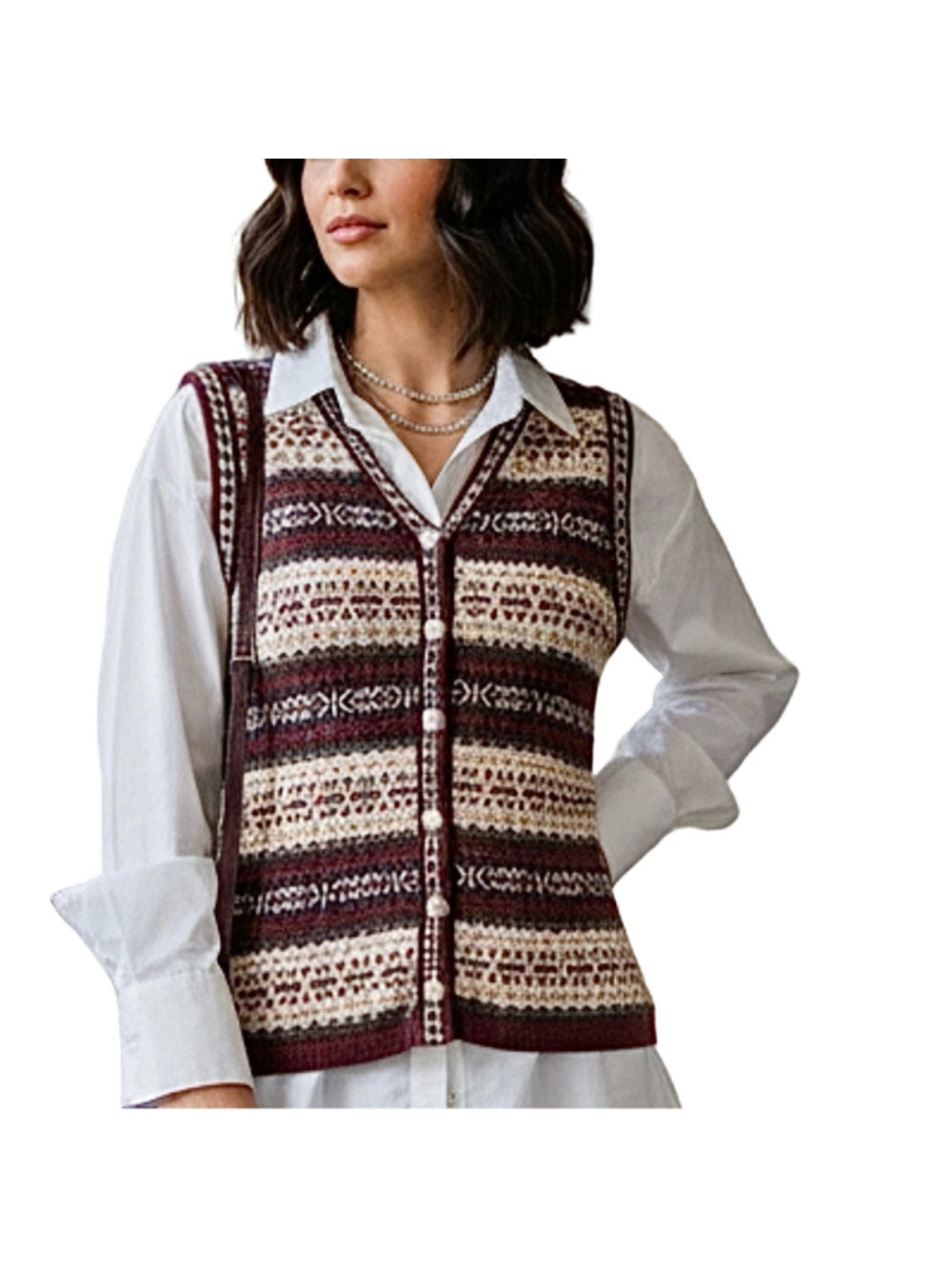 Vintage 80s 90s fair isle pure cotton knit beige burgundy knit sweater vest S
